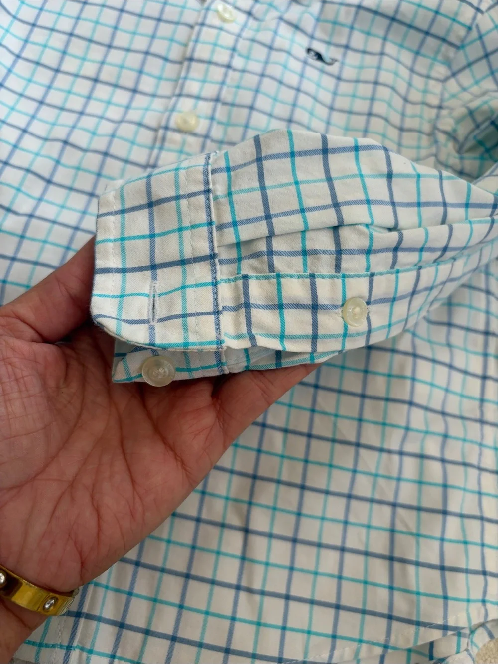 Vineyard Vines Boys White Button-Down Shirt with Light Blue Grid